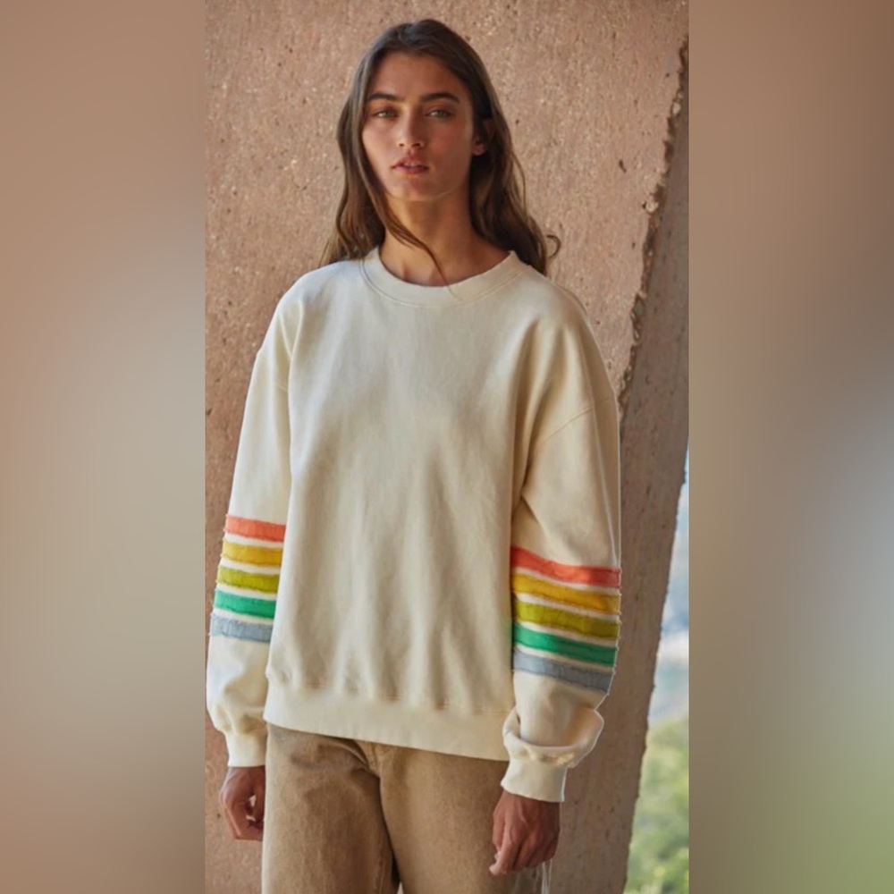 Anthropologie BY TOGETHER 5 Stripe Rainbow Sleeve 5 Stripes Crewneck Sweatshirt